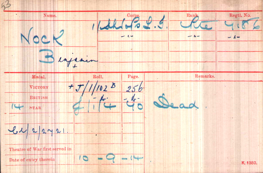 WWI Medal Rolls Index Card